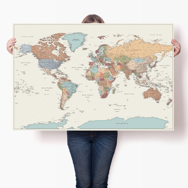 Affiche précise de la carte du monde - grande impression murale de carte de voyage - carte détaillée du globe politique - affiche d'art carte cool - carte de voyageur personnalisée
