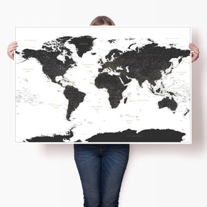 Grande affiche de carte du monde en noir et blanc - impression détaillée et précise de l'atlas du monde - carte de voyage personnalisée - affiche de carte minimaliste - carte de voyage