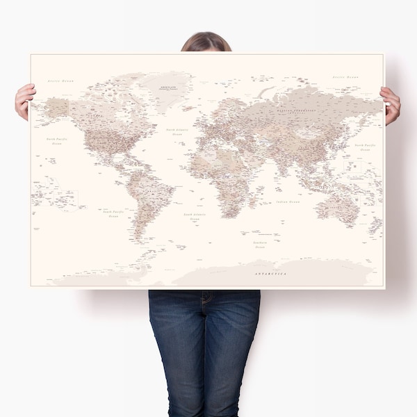 Affiche détaillée de carte du monde précise - carte de voyage personnalisée - carte et épingles pour les voyageurs - impression de carte minimaliste - livre d'or de carte du monde