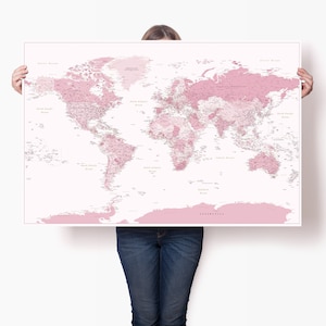 Weltkarte Rosa - Weltkarte Poster Groß - Weltkarte Kunstdruck - Weltkarte mit Namen - Weltkarte Leinwandbild Detailliert - Personalisierte