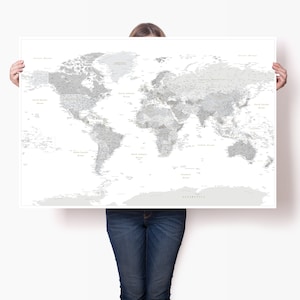 Graue Weltkarte Detailliert - Politische Landkarte Poster - Große Weltkarte Plakat - Personalisierte Weltkarte Leinwandbild - Karte mit Pins