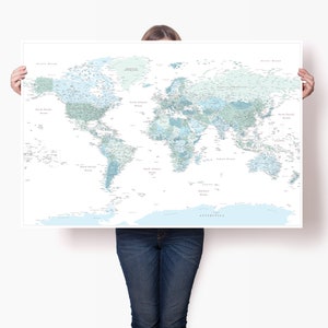 Grande affiche bleue de carte du monde personnalisée - impression précise d'art de carte du monde - affiche détaillée de carte du monde pour le mur - voyage autour de la carte du monde