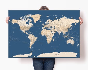 Dark Blue World Map Poster - Detailed Accurate Travel Map Print - Wall Map Poster Art with Pins - Big Personalized Travel Map - High Quality