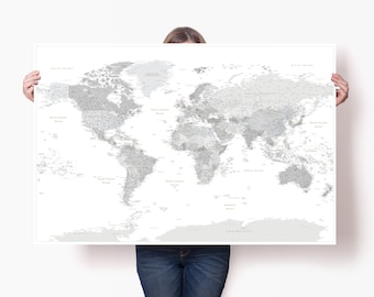 Large Grey World Map Canvas Print - High Detailed Accurate World Map Atlas - Giant Wall Map Art - Personalized Map for DIY Push Pin Map