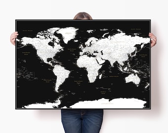 Poster carte du monde noir et blanc - carte de voyage bricolage avec punaises - très détaillée - grande impression de carte du monde pour mur - grande carte du globe + 100 épingles