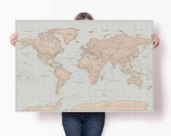 Huge Vintage World Map Poster - Personalized Couples Globe Travel Map - Large Map Art for Wall - Accurate World Map Print with Pins