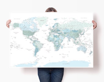 Blue Large Personalized World Map Poster - Accurate World Map Art Print - Detailed Map Poster for Wall - Travel Around the World Map