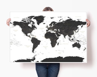 Grande affiche de carte du monde en noir et blanc - impression détaillée et précise de l'atlas du monde - carte de voyage personnalisée - affiche de carte minimaliste - carte de voyage