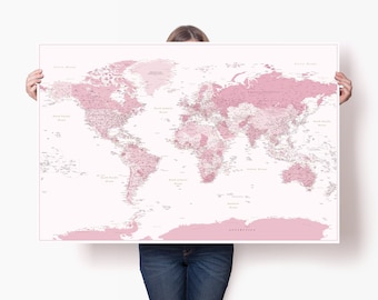 Pink World Map Poster High Detailed - Personalized Travel Map - High Quality Accurate World Map Print - Rose Large Map for Wall + 100 pins