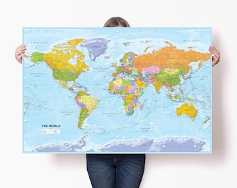 Political Accurate World Map Poster - Detailed World Map Print with Pins - Large Travel Map Wall Art - Personalised Globe Map - Trip Map