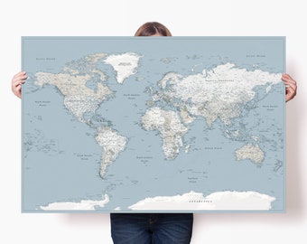 Mellow Blue World Map Poster - Accurate Big Wall Map Print - Detailed Large Travel Map with Cities - Poster Art -Personalized Traveler Map
