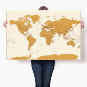 Grande mappa del mondo stampata gialla - Grande poster mappa da parete - Mappa di viaggio grande dettagliata con stati - Poster artistico minimalista - Mappa del viaggiatore personalizzata