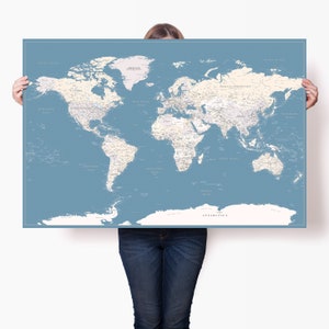 Politische genaue Weltkarte Druck - detaillierte Weltkarte Poster mit Pins - blaue große Reisekarte Wandkunst - personalisierte Globus Karte