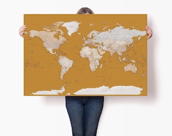 High Quality World Map Poster Mustard - Large Detailed World Map for Wall - Custom Travel Map with Pins - Personalized Family Map | Trip Map