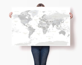 Grey World Map Poster - Large DIY Push Pin Travel Map - High Detailed Rolled Canvas Map Print - Minimalist Map Poster + 100 pins