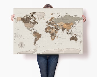 Detailed Big World Map Poster with Pins - World Atlas Print - Personalized Family Travel Map - High Quality Globe Art - World Map Guest Book