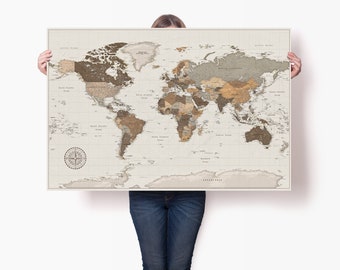 Detailed Big World Map Poster with Pins - World Atlas Print - Personalized Family Travel Map - High Quality Globe Art - World Map Guest Book