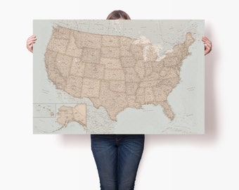 Póster de mapa vintage de EE. UU. - Mapa grande de EE. UU. con estados y ciudades - Póster detallado de parques nacionales - Arte mural de Estados Unidos - Mapa de viaje
