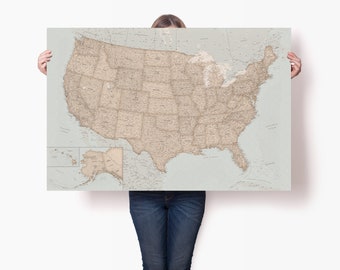 Vintage USA Map Poster - Large Map of USA with States and Cities - Detailed National Parks Map Poster - United States Wall Art - Trip Map