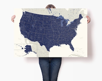 Large US Map Poster with States - Blue United States Wall Art - XXL USA Map for Wall - Detailed Travel Map with Pins - Map with Capitals