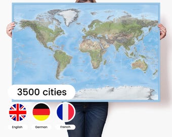 Accurate World Map in English, German, French, Relief Travel Map Poster, Detailed Wall Art Print - 3500 Cities, Personalized Traveler Gift