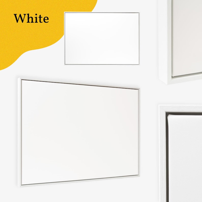 May include: White framed canvas art pieces. The image shows multiple white canvases with white frames. The word "White" is in the upper left corner on a yellow background.