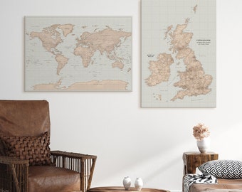 Places You've Been World & UK Map Set, Detaillierte personalisierte Pinnwand zum Markieren von Reisen, Push Pin Leinwand Wandkunst Reise-Tracker, 100 x 70 cm