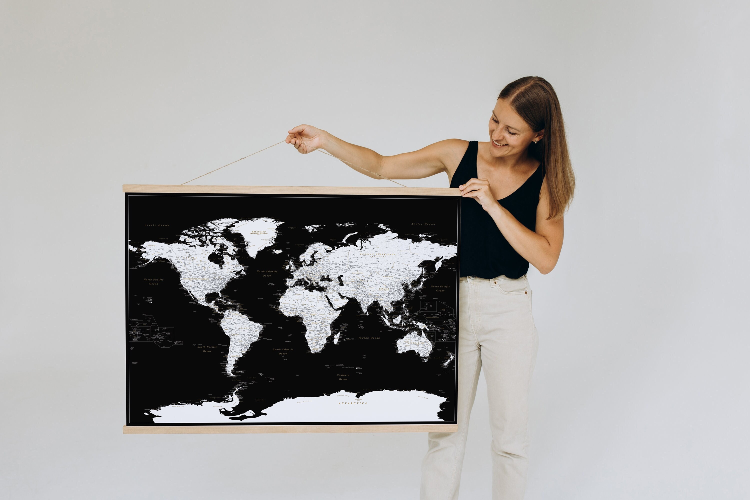 World Map Framed W33xH22 Black Patented Magnetic Back w/30 Pins