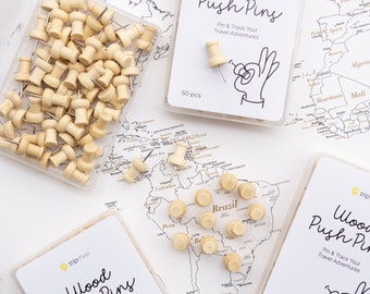 Wooden Map Push Pins - Flat Head Tacks with Stainless Point - Natural Wood Color - Marking Pins - 50 pc