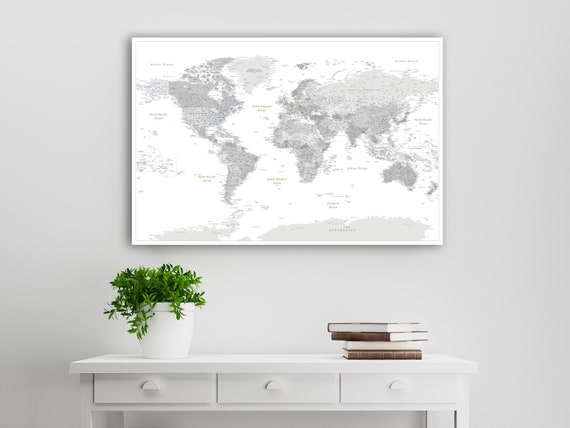 Large Grey World Map Canvas Print Diy Push Pin Travel High Detailed Rolled Poster 100 Pins For Stretching And Framing