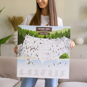 Könnte beinhalten: Leinwanddruck mit einer Karte der Vereinigten Staaten, auf der die Nationalparks mit Pins markiert sind. Oben auf dem Druck steht "NATIONAL PARKS UNITED STATES OF AMERICA" mit den Namen "Jessica & Martin" darunter. Die Karte ist von einem grünen Wald und Bergen umgeben.