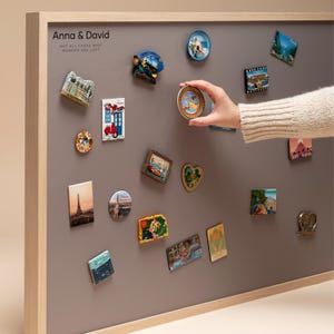 Magnetsammlungsbrett gerahmt, personalisierte Leinenmagnettafel für die Wand zum Anzeigen von Reiseandenken, große ästhetische Urlaubsmagnettafel