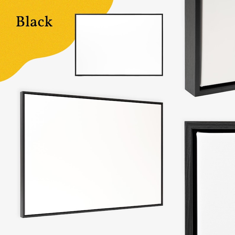 May include: Several framed canvases with black frames and white canvas. The word "Black" is in the upper left corner on a yellow background. The frames are rectangular and vary in size.