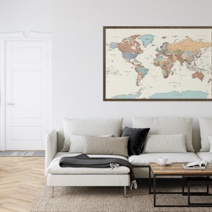 Colorful accurate world map wall art. Large map of the world printed on canvas and paper. Colorful large world map poster for home decor. Big colorful political travel map for the wall. Giant world map poster with pins.