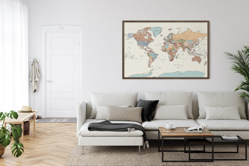 Colorful accurate world map wall art. Large map of the world printed on canvas and paper. Colorful large world map poster for home decor. Big colorful political travel map for the wall. Giant world map poster with pins.