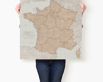 Classic Poster of France Map, Large Travel Decor Print, Detailed Map with Departments and Regions, France Lovers Present, Francophile Gift