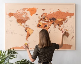 Personalized Push Pin World Travel Map - High Detailed Map Canvas Wall Art - XL Places I've Been Map - Pinnable World Map - Trip Map World