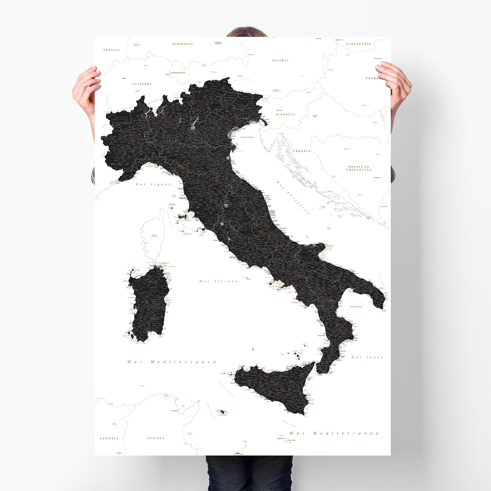 イタリア地図ポスター（白黒）、イタリア愛好家へのギフト、地域と都市 