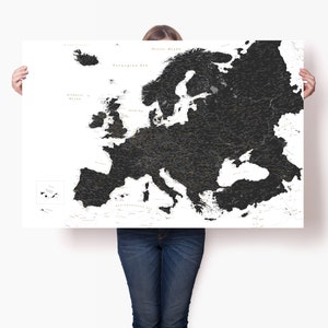 Europa Politische Landkarte Schwarz Weiß - Reisekarte Europas mit Städten - Europäisches Reiseposter - Große Europa Kontinent Landkarte - Reisekarte