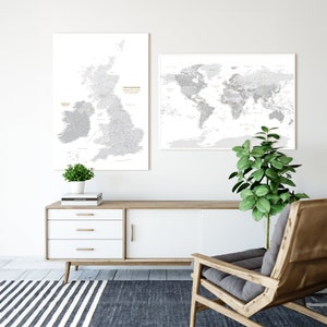 Graue UK- & Weltkarte Leinwand-Set, detaillierte personalisierte Orte, an denen ich war, Pinnwand zum Markieren von Reisen, Push-Pin-Wandkunst, Reise-Tracker, 100 x 70 cm