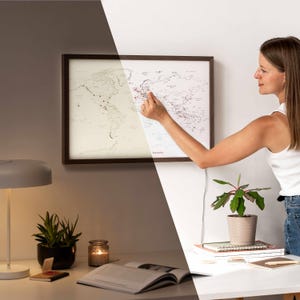 Mapa-múndi LED com alfinetes, pequeno mapa-múndi com luzes LED, arte de parede, presente de casamento para casais viajantes, mini mapa de viagem com alfinetes personalizado