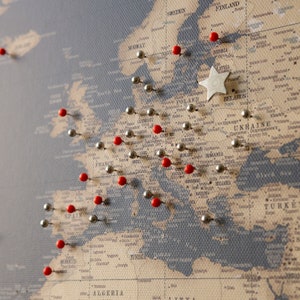 Push Pin World Map Wall Art, Large Places Visited Pin Board to Mark Travels, Personalized Pinnable Canvas with States/Cities, XL Travel Gift