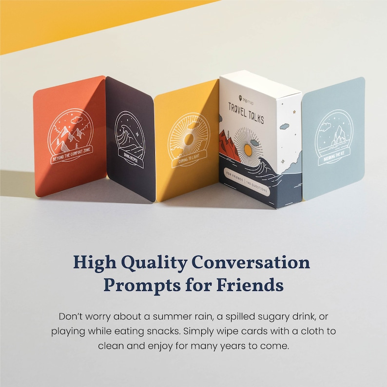 May include: A set of conversation starter cards with colorful illustrations and the text "TRAVEL TALKS" on the front. The cards are designed to help friends connect and have meaningful conversations.