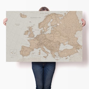 European Vintage Poster - Large Europe Map Canvas Wall Art - Detailed Travel Map of Europe with Cities - Europe Continent Trip Map with Pins