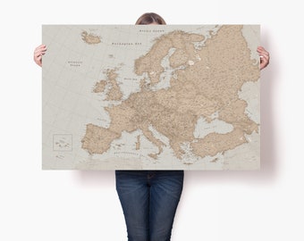 European Vintage Poster - Large Europe Map Canvas Wall Art - Detailed Travel Map of Europe with Cities - Europe Continent Trip Map with Pins