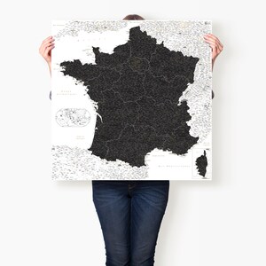 Black & White France Map Poster, Modern Detailed Print with Corsica and Overseas Territories, Large Travel Wall Decor, France Lovers Present