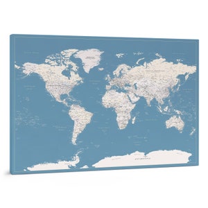 Sky Blue Push Pin Travel Map of The World - Canvas Wall Art - 50th birthday gift for women - Ready to Hang + 100 pins