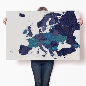 Navy Blue Europe Map Travel Planner - Europe Continent Physical Map - Large European Travel Poster - Europe Canvas Wall Art - Trip Map