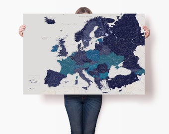 Navy Blue Europe Map Travel Planner - Europe Continent Physical Map - Large European Travel Poster - Europe Canvas Wall Art - Trip Map