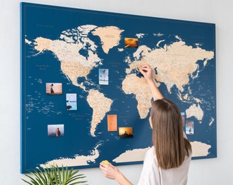 Personalized World Map with Countries and States, Detailed Travel Pin Board Wall Art, Huge Push Pin Places Visited Map for Family and Couple